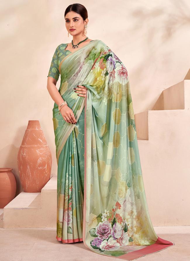 Crepe Soft Silk Sky Blue Casual Wear Printed Saree